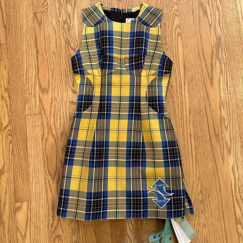 Off White GENDER INCLUSIVE CHECK BULLET WOOL MINIDRESS IN YELLOW/ BLUE